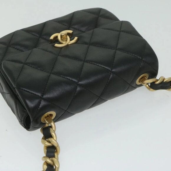 CHANEL Matelasse Turn Lock Chain Shoulder Bag Lamb Skin Black CC Auth ar11105AM - Picture 7 of 16